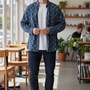 Stanley Blacker‎ blue shirt with a medallion pattern, canvas feel large